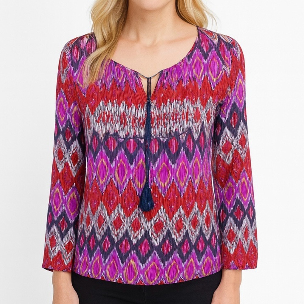 Ariat Sophia Blouse Multi Chevron Print Tassel Tie Peasant Western Boho Size M